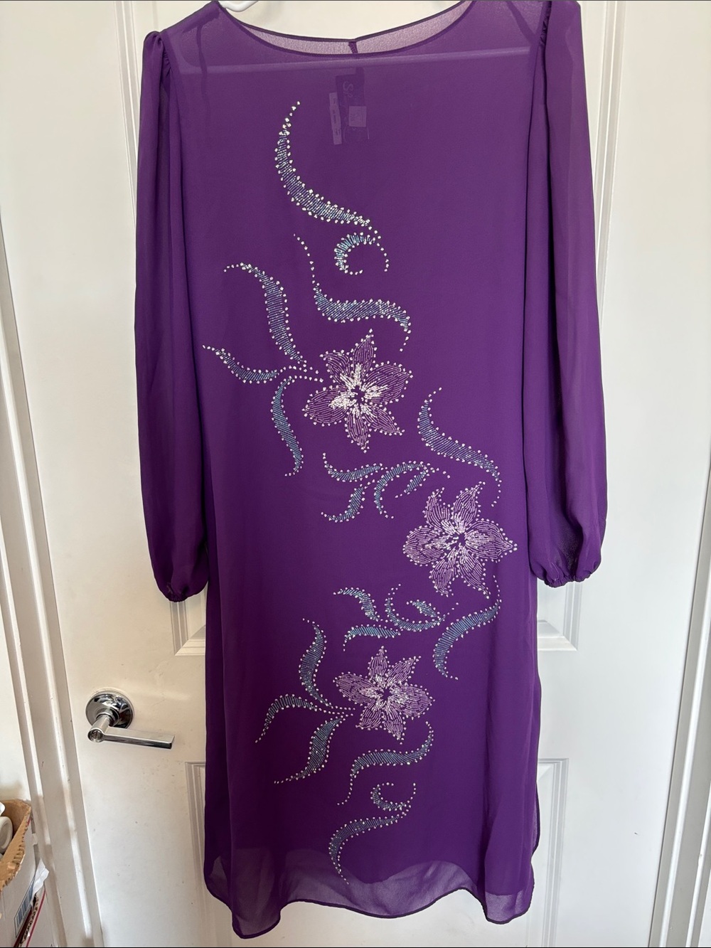 Elegant Purple Floral Embellished Long Sleeve Sheer Dress